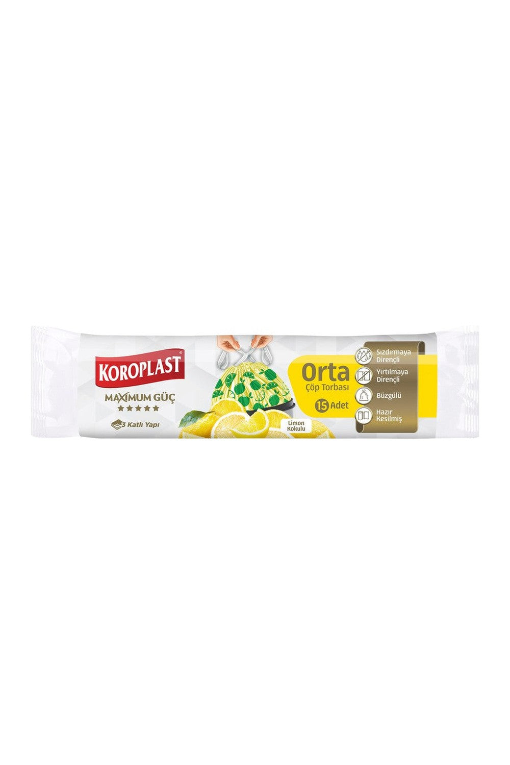 Koroplast Güçlü Büzgülü Çöp Torbası Limon Kokulu Orta Boy 15'li
